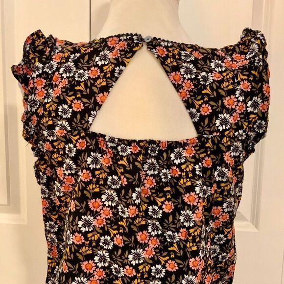 Loft Black Pink Floral Ruffle Trim Cotton Top Small - Picture 6 of 10